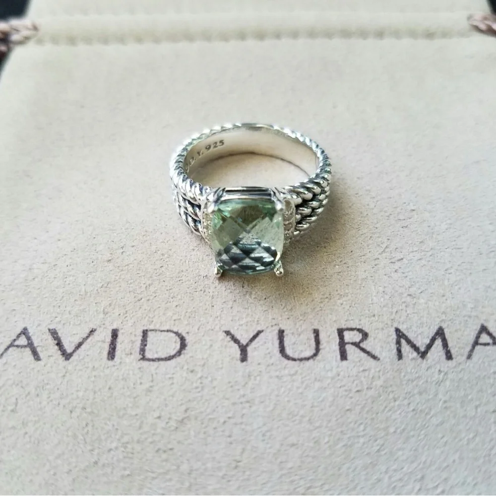David Yurman Silver Cable Ring with Light Green Cushion Gem - Picture 3 of 5